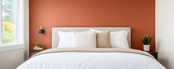 Modern bedroom with terracotta accent wall and soft neutral bedding