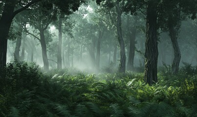 Fototapeta premium Misty forest with foggy atmosphere and ferns, natural scenery, foggy woods, tree foliage