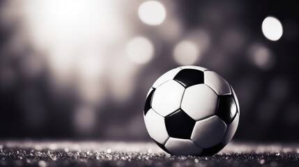 Fototapeta premium Close-up of a Black and White Soccer Ball on a Sparkling Surface with Blurred Background Lighting Effects