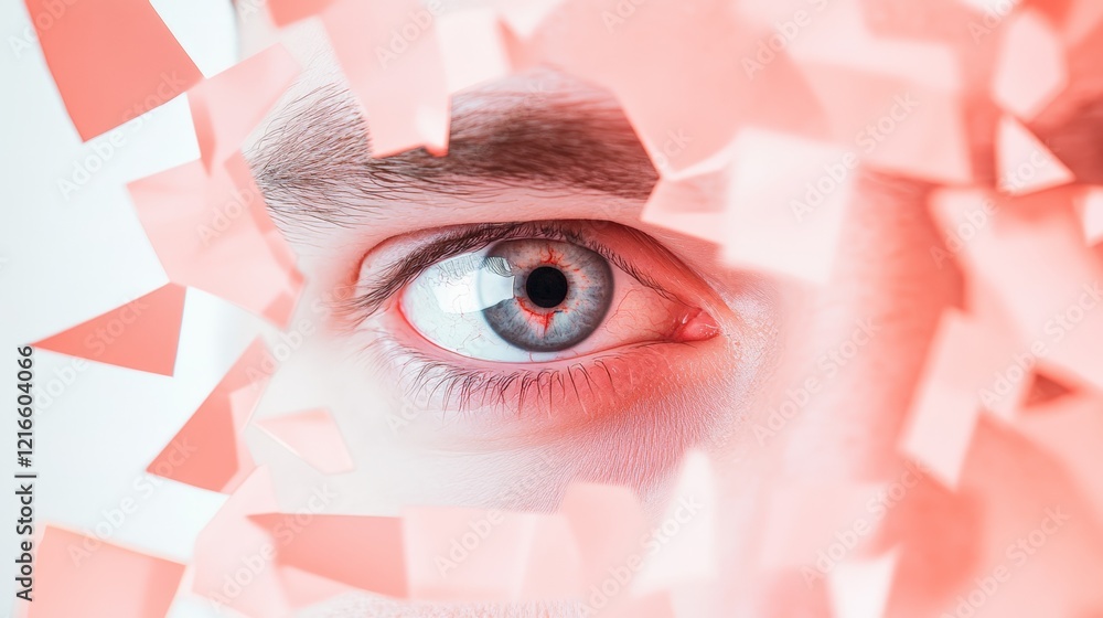 Poster Close up of an eye looking through shattered geometric shapes, creating an abstract representation of vision, healthcare, and ophthalmology