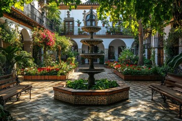 Obraz premium tranquil courtyard garden with a tiered fountain, lush plants, and spanish architecture