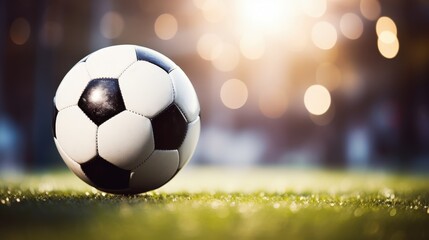 Fototapeta premium Close-up of a Black and White Soccer Ball on Grass with Soft Focus Background and Beautiful Bokeh Effect Highlighting Sports Action