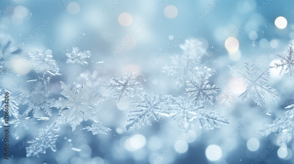 Poster beautiful white sparkling snow texture with delicate ice patterns and bokeh effect for seasonal and 