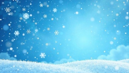 Fototapeta premium Delicate Snowflakes fall gently on a serene blue sky, calm, blue, watercolor