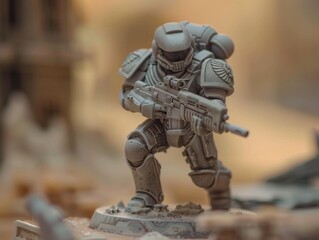 Sci-fi tabletop wargaming miniature, with power armor and rifle, not painted 