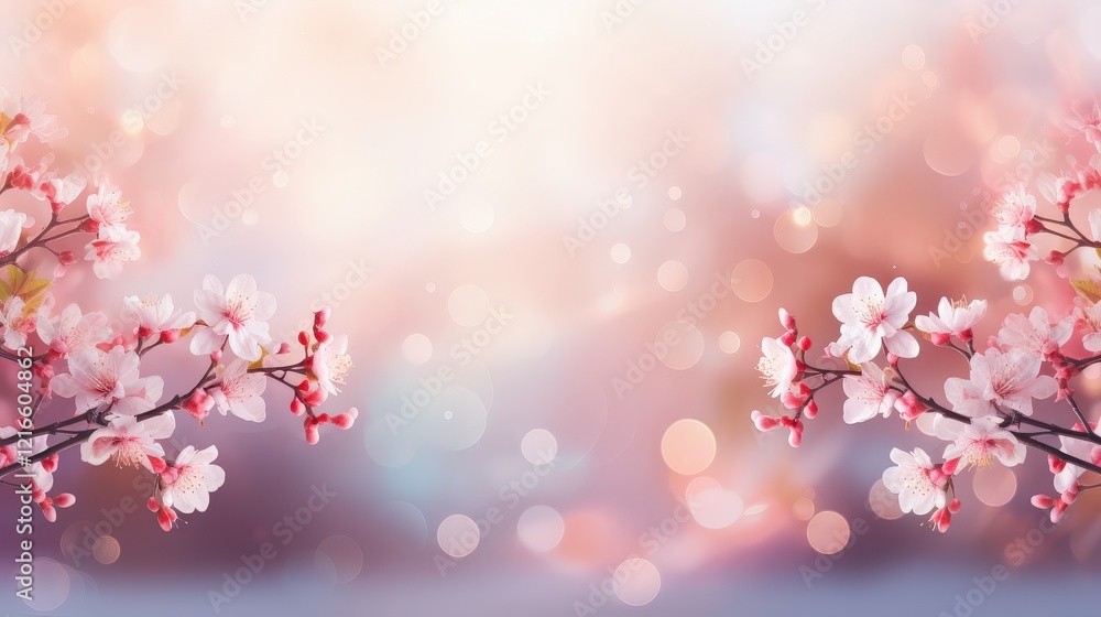 Poster delicate spring flowers in soft focus with a light pink background and dreamy bokeh effect for elega