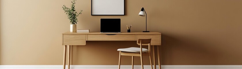 Modern home office with warm taupe walls, wooden desk, and minimalist decor