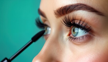 Naklejka premium Close-up view of woman applying mascara to long eyelashes. Beautiful woman with stunning blue eyes. Elegant make-up. Focus on cosmetic product. Glamorous, beautiful female model with long lashes.