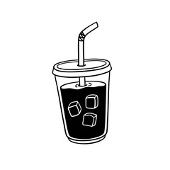 iced coffee in a plastic takeaway cup, black coffee doodle