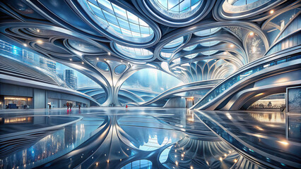 Futuristic architectural design with flowing shapes and reflections