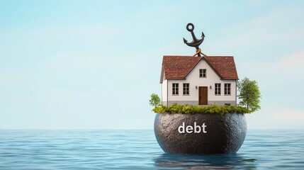A house anchored by a debt ball floats on water, symbolizing financial struggles and the burden of homeownership.