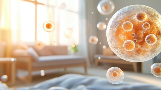 Microscopic air pollutants concept. Floating cells in a bright, cozy indoor setting with soft furnishings