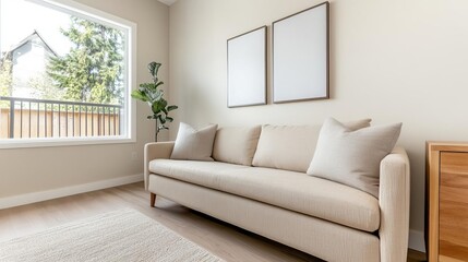 Modern living room with warm beige tones, soft plush sofa, and natural wood finishes