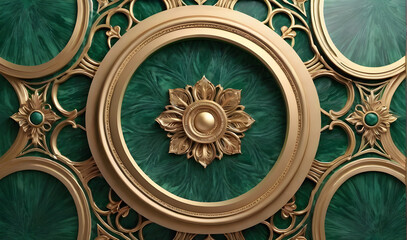 Fototapeta premium Elegant gold and green decorative pattern featuring floral motifs and intricate design details