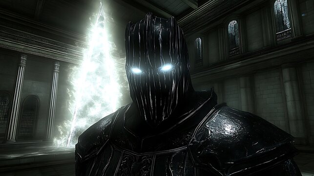 A humanoid alien figure with a smooth, metallic face and glowing eyes, standing in front of a glowing star.