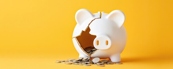 A broken piggy bank spills coins on a bright yellow background, symbolizing savings, financial struggles, or unexpected expenses.