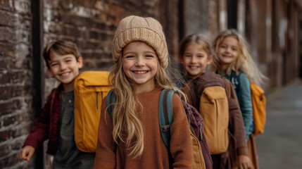 A group of cheerful children wearing cozy knit hats and bright backpacks poses in the urban environment, showcasing the innocence and joy of youth as they embark on their everyday adventures.