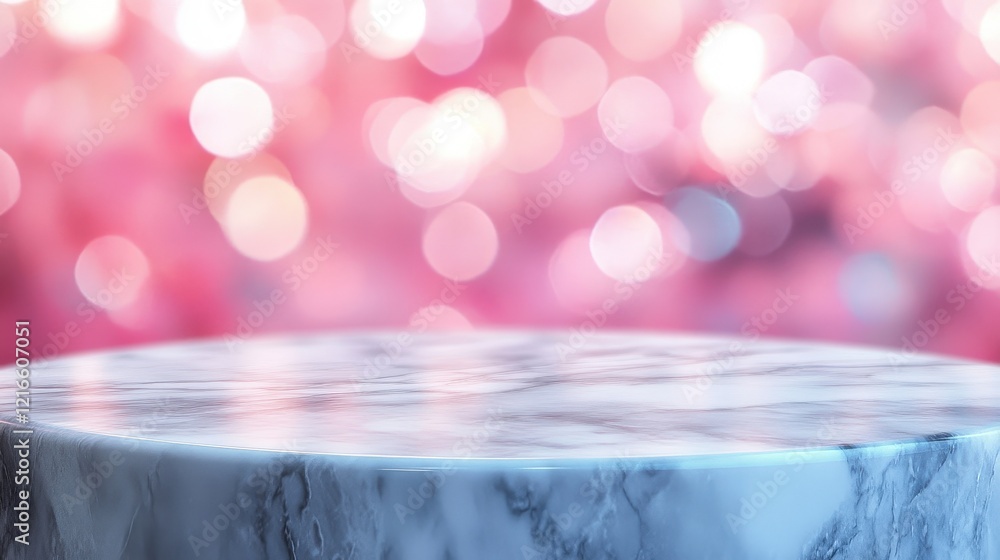 Poster elegant white marble table top on a soft pink blurred background with bokeh lights creating a serene