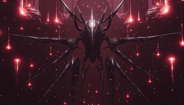 Dibujo de ser malvado futurista en fondo granate y tenebroso. Estilo c&oacute;mic g&oacute;tico
