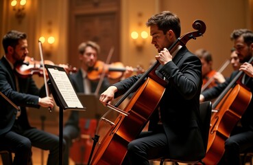 Fototapeta premium Classical symphony orchestra performs timeless composition. Musicians play string instruments. Concert hall setting. Professional musicians in formal attire. Performance in progress. Serious focus,