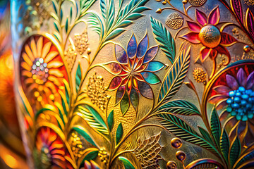 Vibrant etched glass art featuring floral patterns and saturated colors