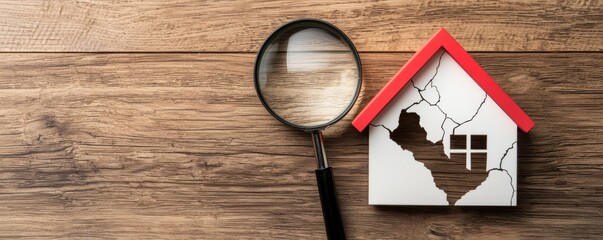 Household debt mortgage concept. A cracked house model next to a magnifying glass, symbolizing inspection or assessment of property damage.