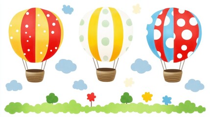 Naklejka premium Three whimsical hot air balloons with varied patterns, floating above a simple landscape