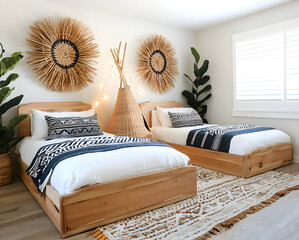 Bohemian boho lifestyle concept. Bright, modern bedroom featuring two wooden beds, decorative wall art, plants, and cozy textiles in a stylish, inviting atmosphere.
