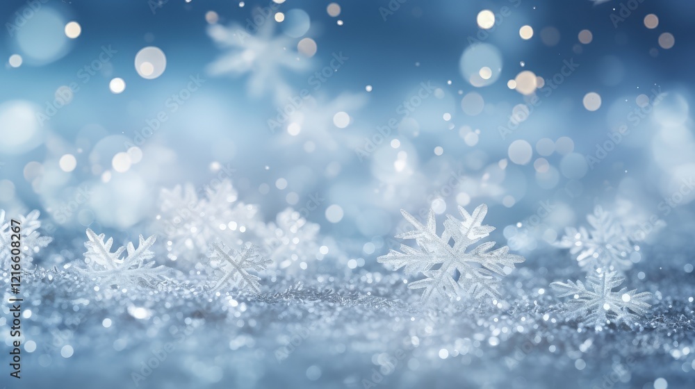 Poster sparkling white ice texture with snowflakes in a dreamy background of soft blue and shimmering bokeh
