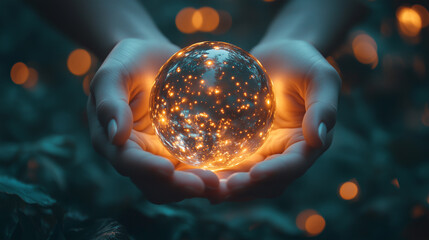Two hands gently cradle a glowing crystal ball filled with shimmering light. The setting is a tranquil forest during twilight, enhancing the magical ambiance.