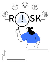 Person examining Risk word with magnifier and caution sign surrounded by icons for strategy, teamwork, analytics, and process. Ideal for risk management, analysis, business strategy, planning