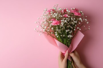 A hand holding a pink paper cone with flowers inside, on a solid background