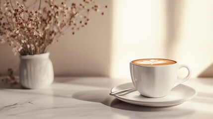 Delicately prepared cup of cappuccino with a delicate latte design on a white saucer placed on a marble surface with soft natural lighting and a vase with dried flowers in the background .