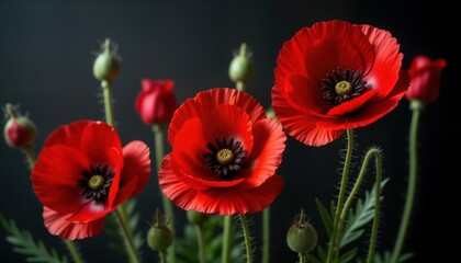 Obraz premium Red poppies bloom beautifully against dark background. Flowers symbolize remembrance for conflict. Image highlights peace, tribute, remembrance of war. Suitable for memorial day, Armistice Day.