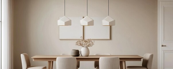 Neutral dining area featuring warm beige tones and geometric pendant lighting
