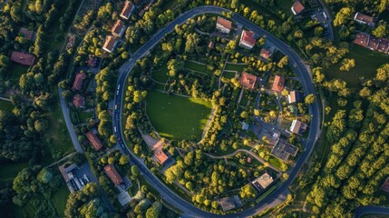 Aerial View of a Residential Community with Lush Green Spaces