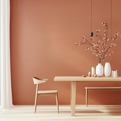 Neutral dining area with muted orange walls, wooden table, and minimalist decor