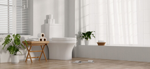 Bright and airy bathroom with minimalistic decor and natural light, 3D render illustration.