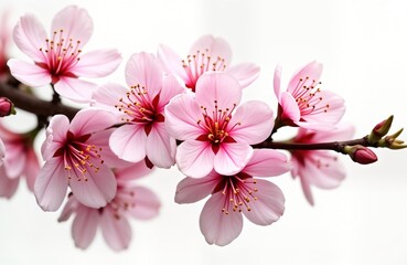 Fototapeta premium Beautiful pink sakura blossoms bloom on branch against white background. Springtime nature scene. Delicate flowers in full bloom. Ideal for spring photo stocks. Natural beauty.