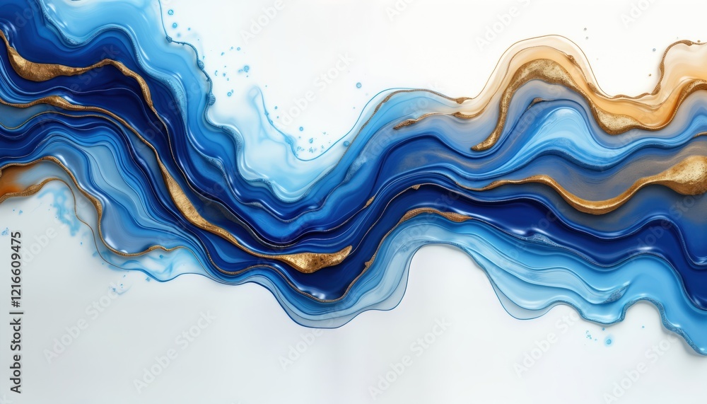 Poster abstract illustration features flowing blue, gold liquid paint. waves of color create dynamic effect