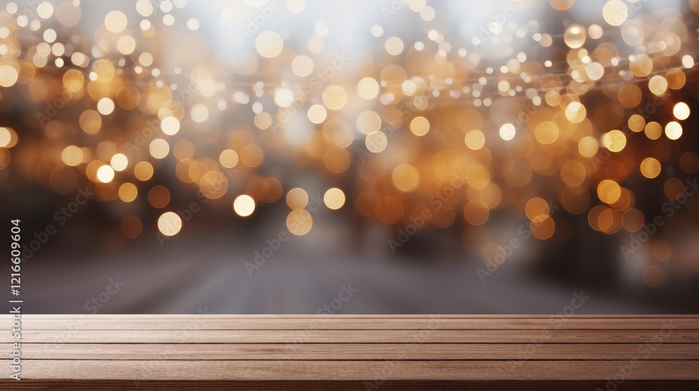 Poster shiny wooden table top on a soft bokeh background with warm lights creating a cozy and inviting atmo