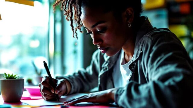 Focused young woman writing with a pen at a desk by the window indoors