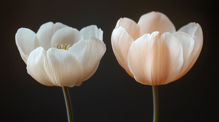 Two elegant flowers with soft white and peach petals are prominently displayed against a dark background. Their delicate textures and gentle hues create a peaceful atmosphere.