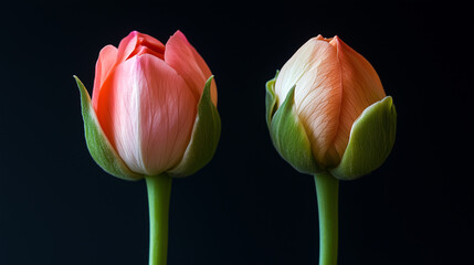 Two beautiful lotus flowers in different stages of bloom are showcased. Their vibrant colors and delicate petals contrast sharply with the dark backdrop, creating a calming atmosphere.