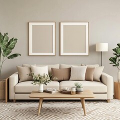 Neutral living area with earthy tones, geometric patterns, and minimalist accents