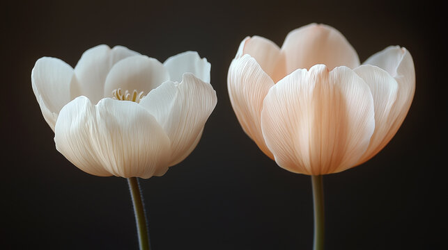 Two elegant flowers with soft white and peach petals are prominently displayed against a dark background. Their delicate textures and gentle hues create a peaceful atmosphere.