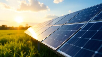 solar panel in green field at sunset.
