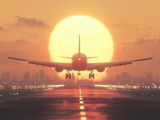 airplane landing at sunset in a city airport