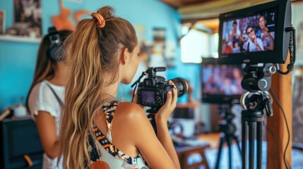 woman with camera, woman taking photo of herself, Portrait of a smiling an influencer female, doing a live video stream for an online store to sell through social media in a home office setting. 