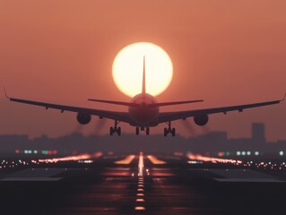 airplane landing at sunset on runway